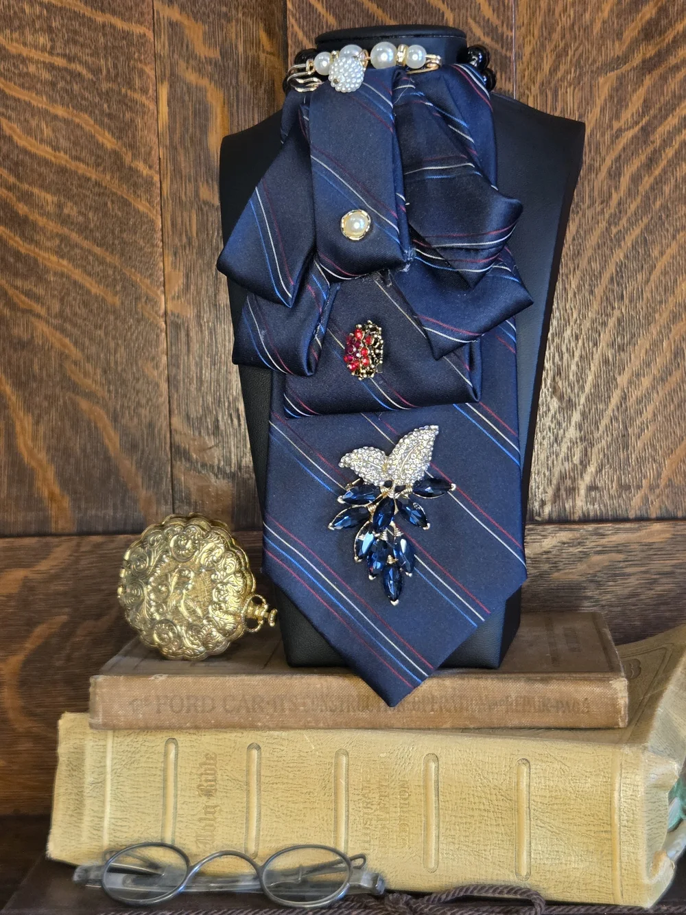 Navy Striped Decorative Ladies Neck Tie with Brooches